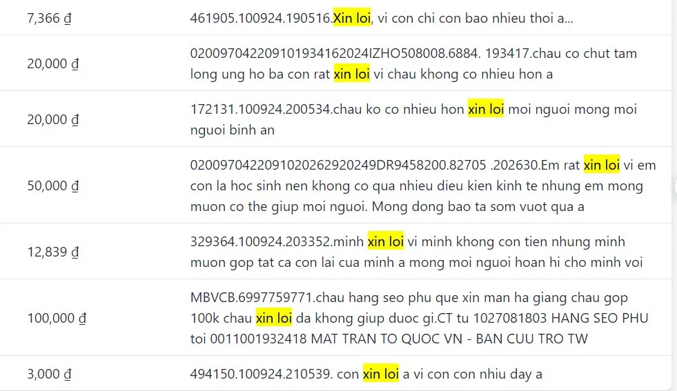 nội dung chuyển khoản